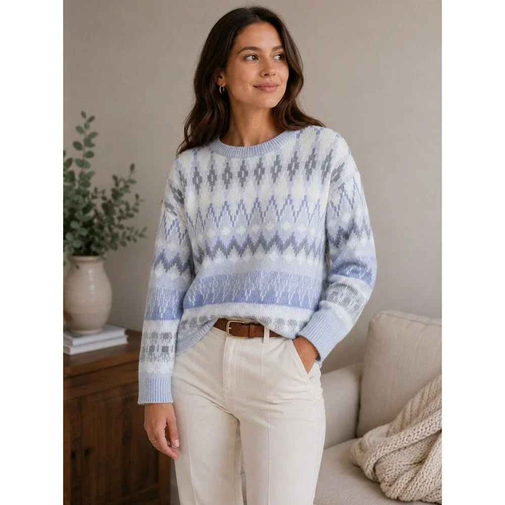 Frye Fair Isle Sweater Womens Medium Blue Geometric Super Soft Casual Transition